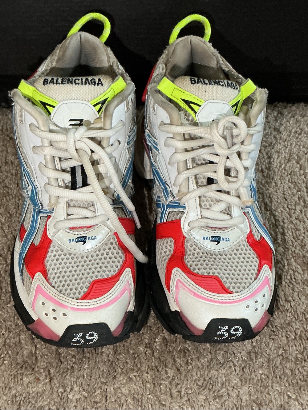 Balenciaga mixed-color mesh runner sneaker in white, blue, red, neon yellow